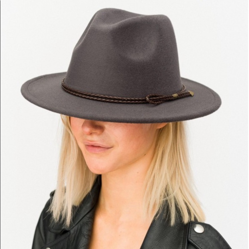 Felt Panama hat featuring thin braided faux leather band detail.